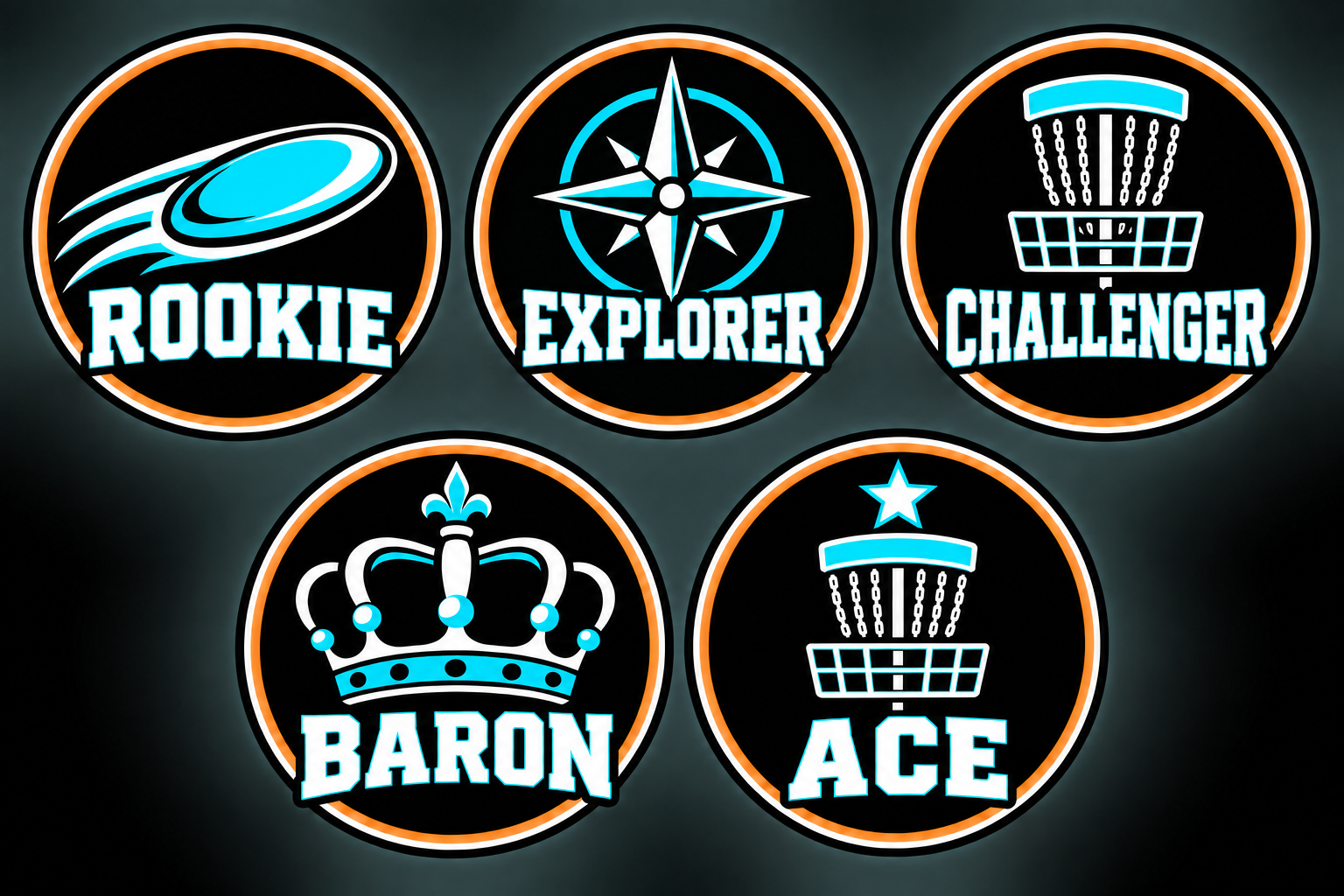 Five achievement badges: Rookie with a flying disc, Explorer with a compass, Challenger with a disc golf basket, Baron with a crown, and Ace with a basket and star.